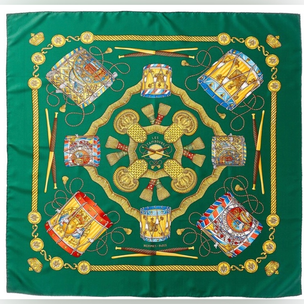 Vintage HERMES LES TAMBOURS Scarf Stole Green Women 90 *90 cm
